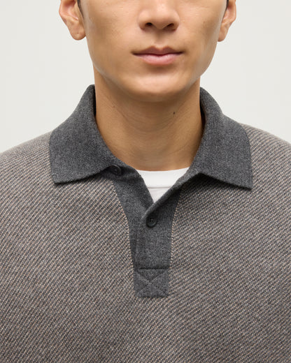 MODEL WEARS JOHNSTONS OF ELGIN MENS TWEEL RUGBY SHIRT 100% CASHMERE OVER A WHITE T-SHIRT  KAP05727Q25939