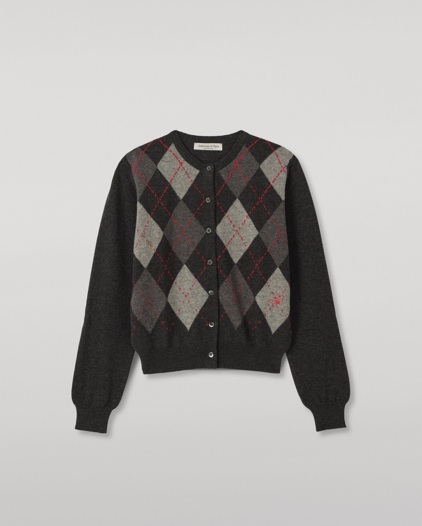 JOHNSTONS OF ELGIN CLAN CREW CARDIGAN PETITE CASHMERE ARGYLE INTARSIA ROUND NECK CARDIGAN - 2 PLY DARK GREY 100% CASHMERE KAP05731JU1649