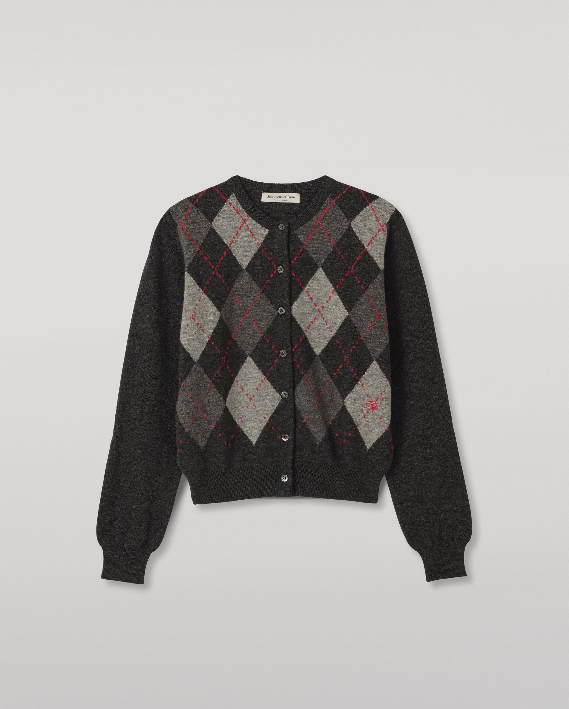 JOHNSTONS OF ELGIN CLAN CREW CARDIGAN PETITE CASHMERE ARGYLE INTARSIA ROUND NECK CARDIGAN - 2 PLY DARK GREY 100% CASHMERE KAP05731JU1649