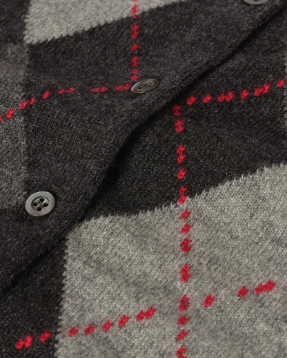 JOHNSTONS OF ELGIN CLAN CREW CARDIGAN PETITE CASHMERE ARGYLE INTARSIA ROUND NECK CARDIGAN - 2 PLY DARK GREY 100% CASHMERE KAP05731JU1649