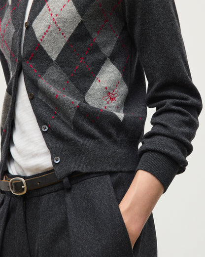 JOHNSTONS OF ELGIN CLAN CREW CARDIGAN PETITE CASHMERE ARGYLE INTARSIA ROUND NECK CARDIGAN - 2 PLY DARK GREY 100% CASHMERE KAP05731JU1649