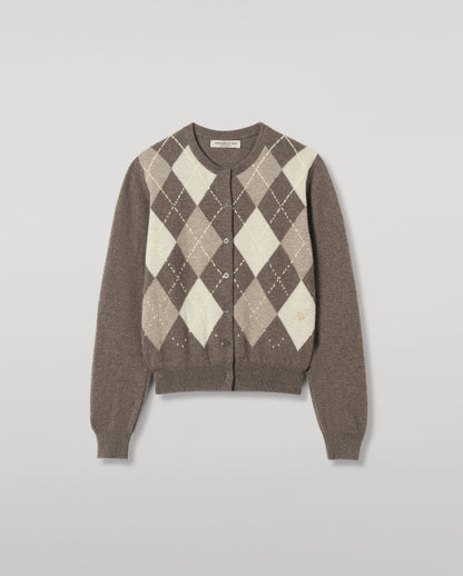 JOHNSTONS OF ELGIN CLAN CREW CARDIGAN PETITE CASHMERE ARGYLE INTARSIA ROUND NECK CARDIGAN - 2 PLY BROWN 100% CASHMERE KAP05731JU1652