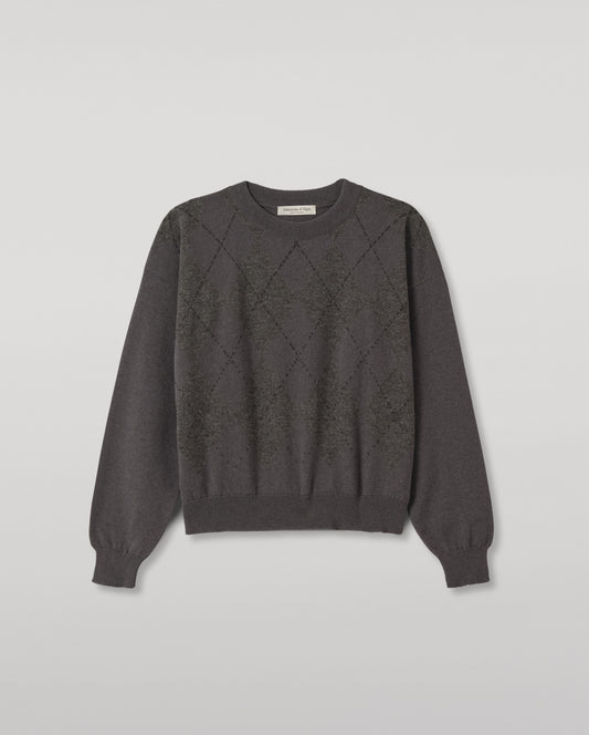 JOHNSTONS OF ELGIN CLAN SLOUCH SWEATER CASHMERE ARGYLE INTARSIA ROUND NECK SLOUCH SWEATER - 2 PLY GREY 100% CASHMERE KAP05732JU1655