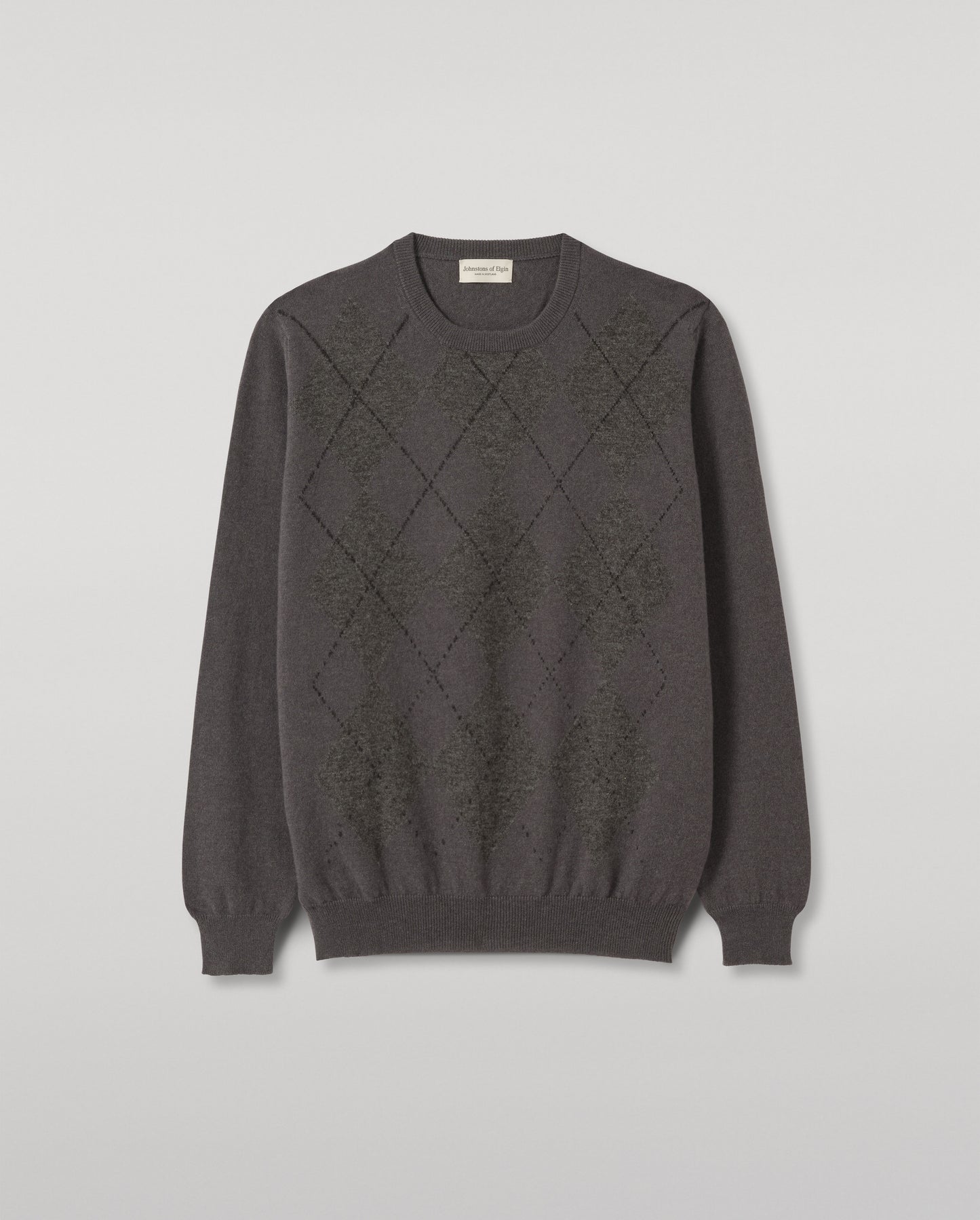 JOHNSTONS OF ELGIN ARGYLL CREW SWEATER CASHMERE ARGYLE INTARSIA CREW NECK SWEATER - 2 PLY GREY 100% CASHMERE KAP05747JU1636