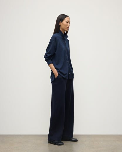 MODEL WEARS JOHNSTONS OF ELGIN WOMENS MUNRO SHIRT NAVY 100% CASHMERE WITH CASHMERE CULOTTES KAP05765HD7350