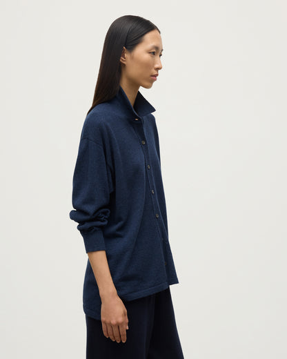 MODEL WEARS JOHNSTONS OF ELGIN WOMENS MUNRO SHIRT NAVY 100% CASHMERE WITH CASHMERE CULOTTES KAP05765HD7350