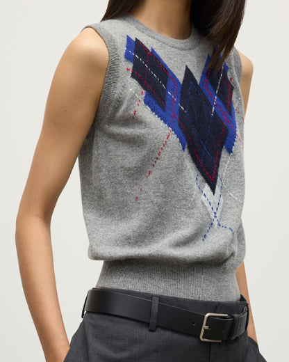 MODEL WEARS JOHNSTONS OF ELGIN WOMENS ARGYLL LE JABOTS SLEEVELESS CREW GREY 100% CASHMERE WITH BELTED GREY TROUSERS KAP05766JU1611