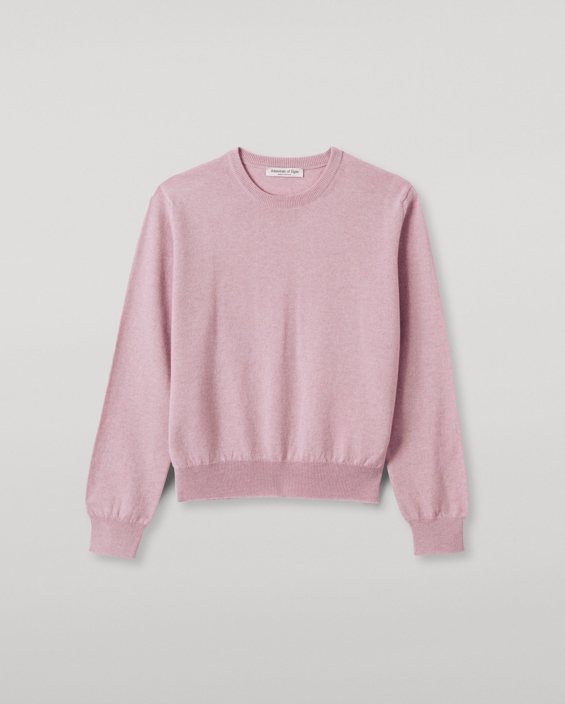 JOHNSTONS OF ELGIN WOMENS LUNAN CLASSIC CREW SWEATER PINK 100% CASHMERE WITH REEL BLACK CASHMERE BANDANA KAP05784HE0071