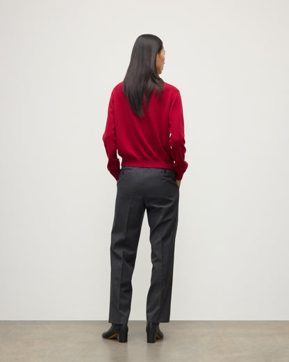 MODEL WEAR JOHNSTONS OF ELGIN WOMENS LUNAN CLASSIC CREW SWEATER RED WITH BLACK TROUSERS KAP05784SE5325