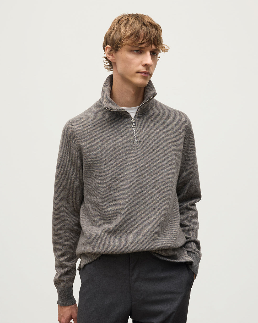 Tweel Grey & Brown Cashmere Zip Neck Jumper | Made In Scotland
