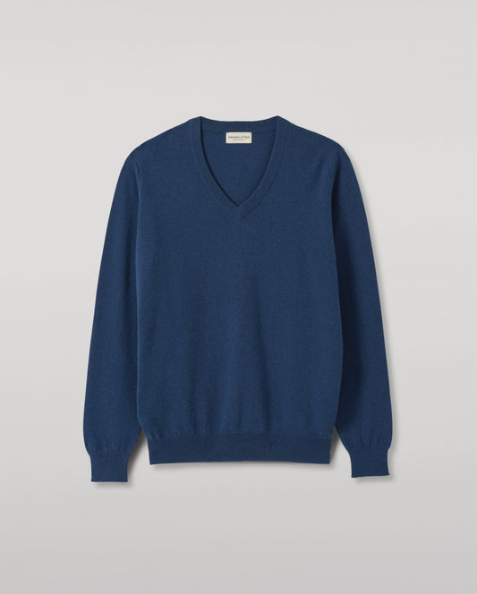 JOHNSTONS OF ELGIN REUBEN VEE NECK CASHMERE VEE NECK SWEATER - 2 PLY BLUE 100% CASHMERE KAP05960SD5369