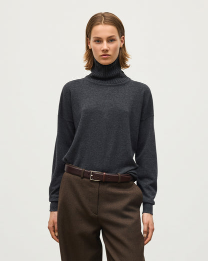 JOHNSTONS OF ELGIN JESSIE ROLL NECK SWEATER CASHMERE ROLL NECK SWEATER WITH EXPOSED SEAM DETAIL & CENTRE BACK SPLIT - 2 PLY DARK GREY 100% CASHMERE KAP05987Q26343