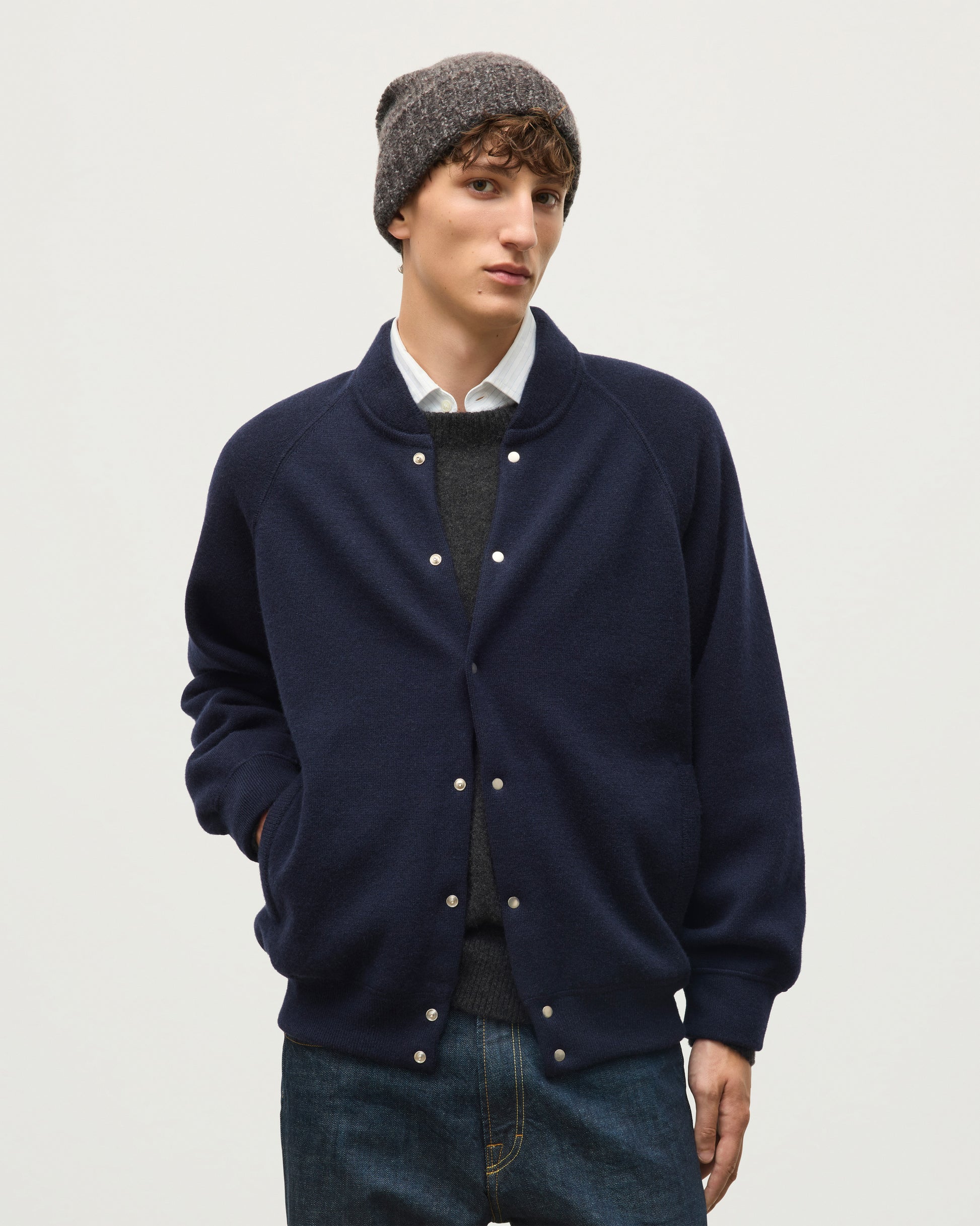 JOHNSTONS OF ELGIN KEPPIE BOMBER JACKET CASHMERE MILANO STITCH BOMBER JACKET - 2 PLY NAVY 100% CASHMERE KAP06008SD7666