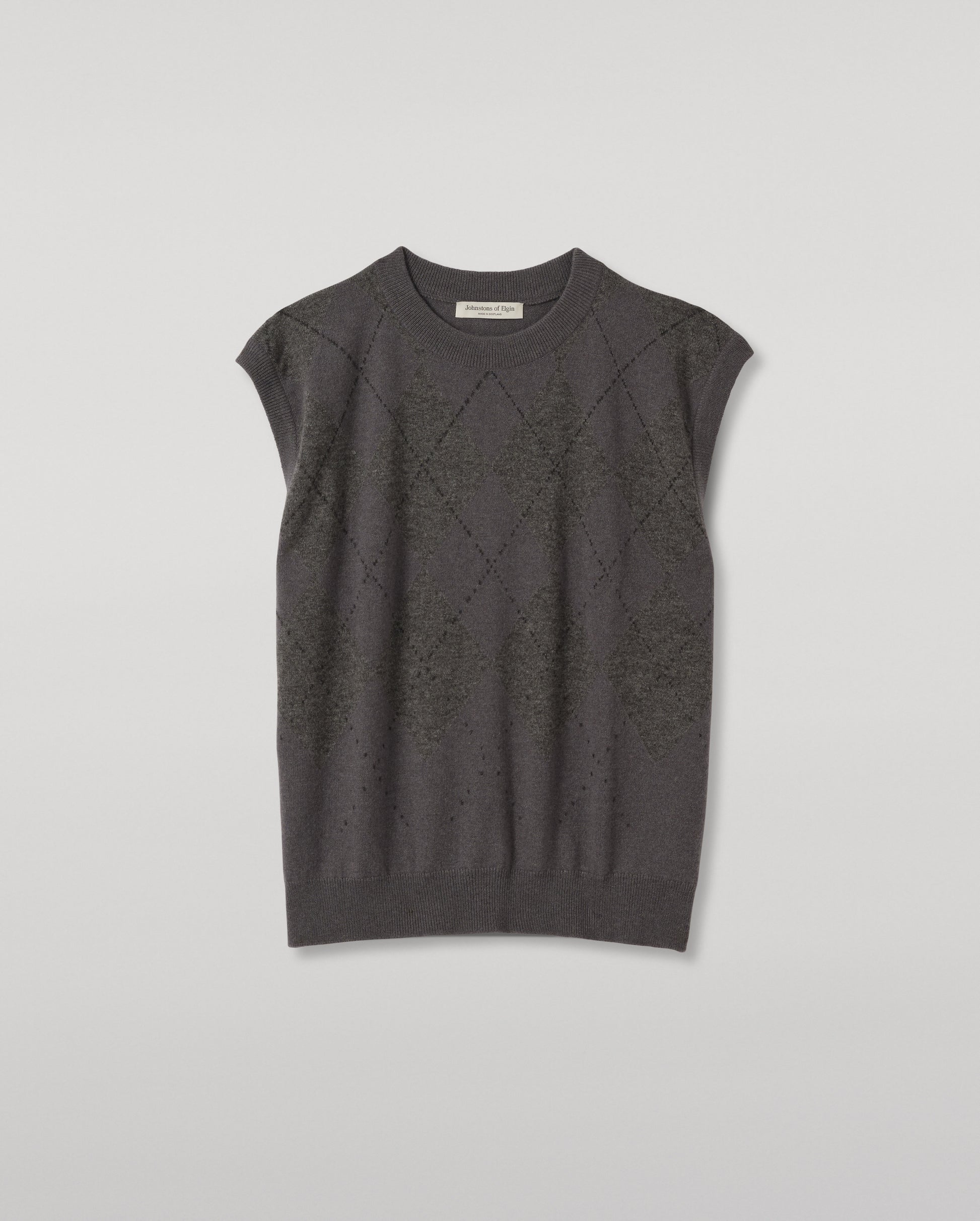 JOHNSTONS OF ELGIN CLAN SLEEVELESS CREW CASHMERE ARGYLE INTARSIA ROUND NECK TANK - 2 PLY GREY 100% CASHMERE KAP06027JU1653
