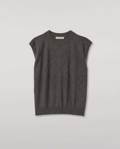 JOHNSTONS OF ELGIN CLAN SLEEVELESS CREW CASHMERE ARGYLE INTARSIA ROUND NECK TANK - 2 PLY GREY 100% CASHMERE KAP06027JU1653