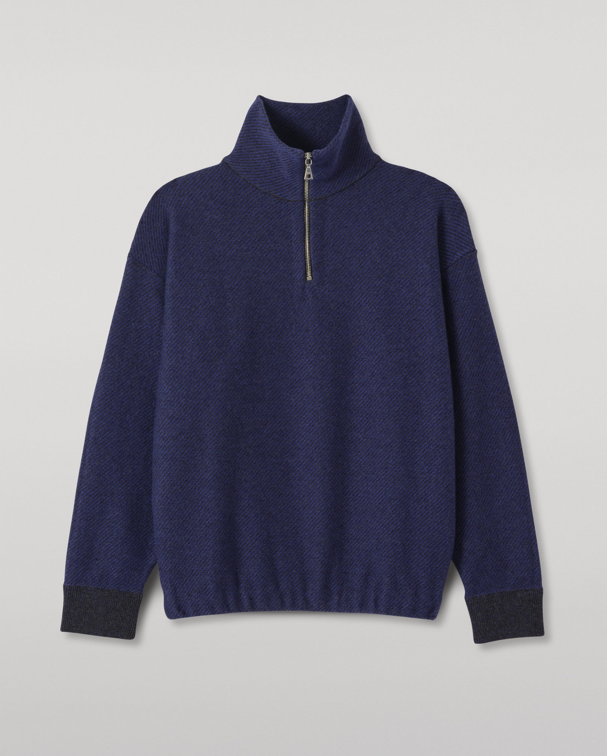 JOHNSTONS OF ELGIN REEL ZIP SWEATER CASHMERE TWILL STITCH ZIP NECK SWEATER - 2 PLY GREY & BLUE 100% CASHMERE KAP06030Q26336