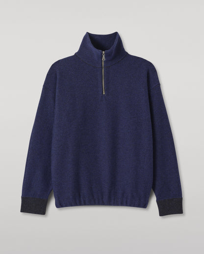 JOHNSTONS OF ELGIN REEL ZIP SWEATER CASHMERE TWILL STITCH ZIP NECK SWEATER - 2 PLY GREY & BLUE 100% CASHMERE KAP06030Q26336
