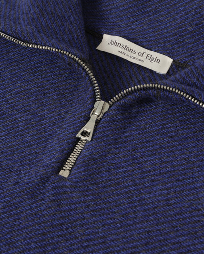 JOHNSTONS OF ELGIN REEL ZIP SWEATER CASHMERE TWILL STITCH ZIP NECK SWEATER - 2 PLY GREY & BLUE 100% CASHMERE KAP06030Q26336