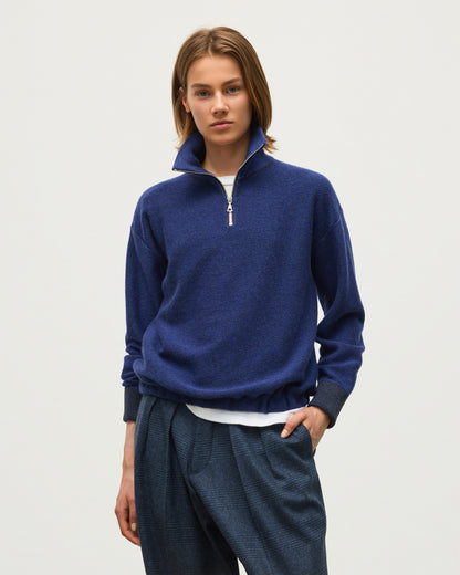JOHNSTONS OF ELGIN REEL ZIP SWEATER CASHMERE TWILL STITCH ZIP NECK SWEATER - 2 PLY GREY & BLUE 100% CASHMERE KAP06030Q26336