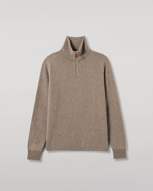 JOHNSTONS OF ELGIN TWEEL HALF ZIP SWEATER CASHMERE ZIP NECK TWILL STITCH SWEATER - 2 PLY BROWN 100% CASHMERE KAP06137Q26311