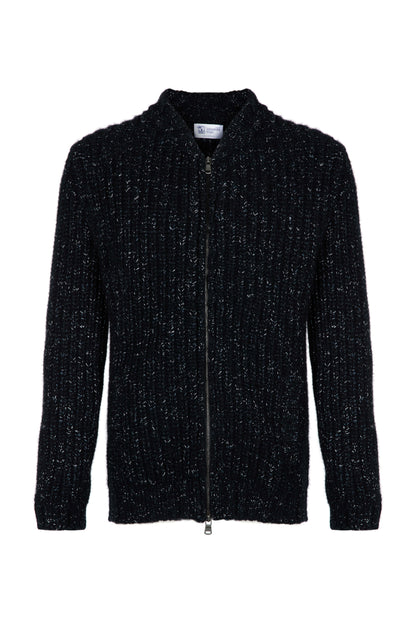 Johnstons of Elgin’s Men's Cashmere Blend Ribbed Baseball Cardigan in Black on a white background KBB00934Q23636