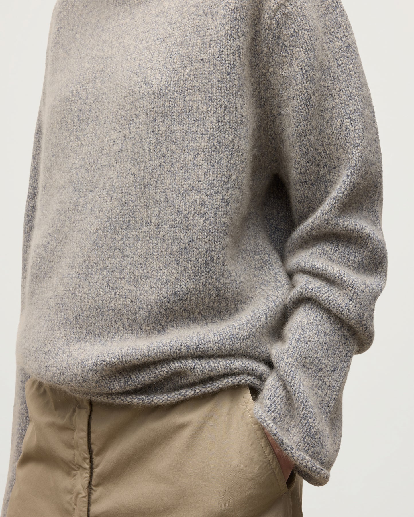 FEMALE MODEL WEARING JOHNSTONS OF ELGIN KESTER FUNNEL NECK SWEATER BLUE 100% CASHMERE KBB01067HB4453