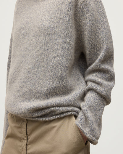 FEMALE MODEL WEARING JOHNSTONS OF ELGIN KESTER FUNNEL NECK SWEATER BLUE 100% CASHMERE KBB01067HB4453