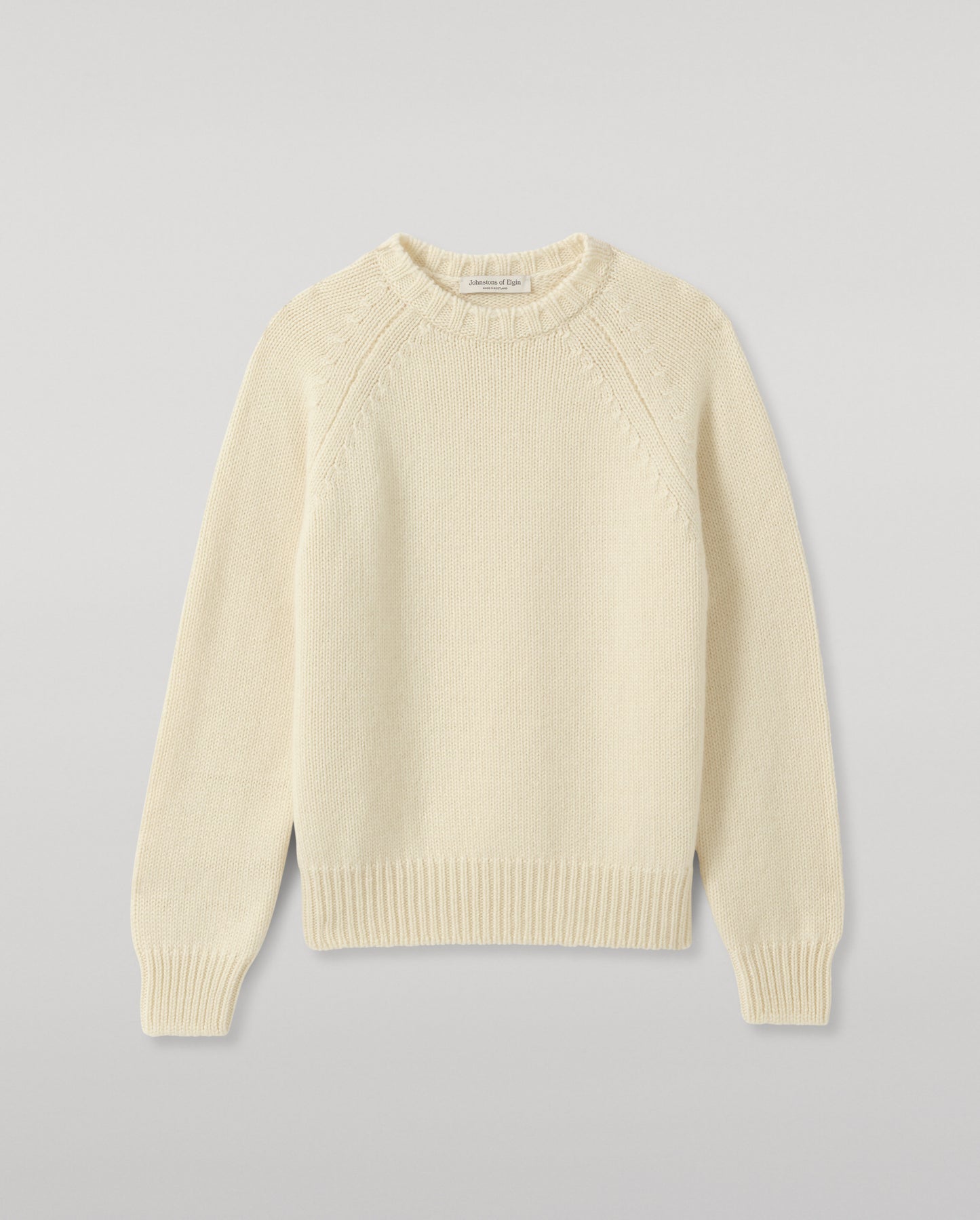 JOHNSTONS OF ELGIN BAY CREW SWEATER MARBLED CASHMERE RAGLAN ROUND NECK SWEATER WHITE 78% CASHMERE, 22% COTTON KBB01068SA0663