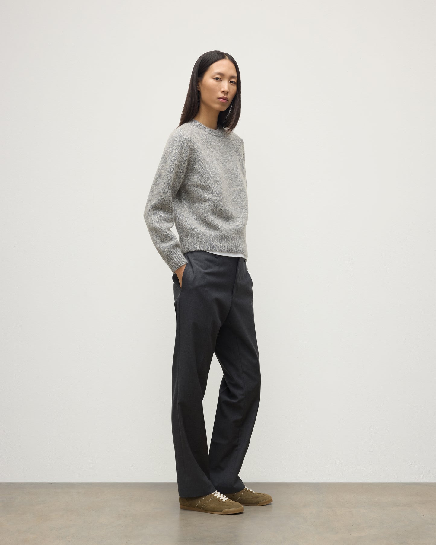 MODEL WEARS JOHNSTONS OF ELGIN WOMENS BAY CREW SWEATER BLUE 78% CASHMERE 22% COTTON WITH JEANS  KBB01068HD4499