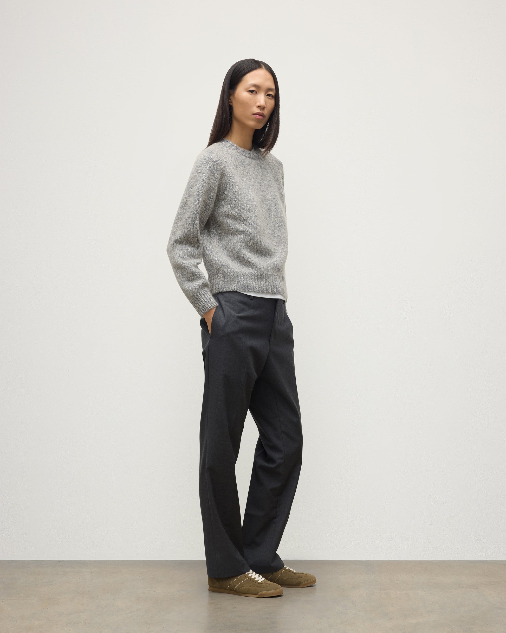 MODEL WEARS JOHNSTONS OF ELGIN WOMENS BAY CREW SWEATER BLUE 78% CASHMERE 22% COTTON WITH JEANS  KBB01068HD4499