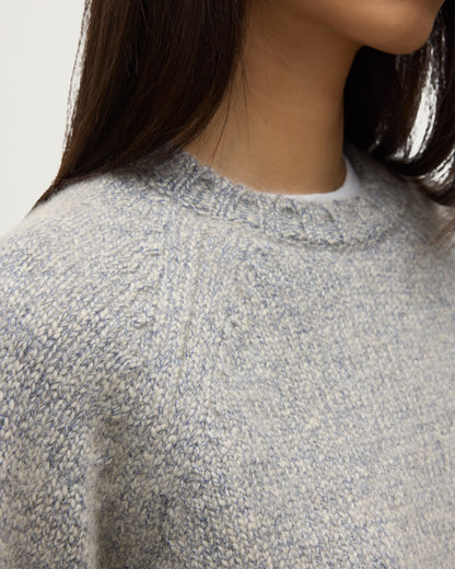 MODEL WEARS JOHNSTONS OF ELGIN WOMENS BAY CREW SWEATER BLUE 78% CASHMERE 22% COTTON   KBB01068HD4499