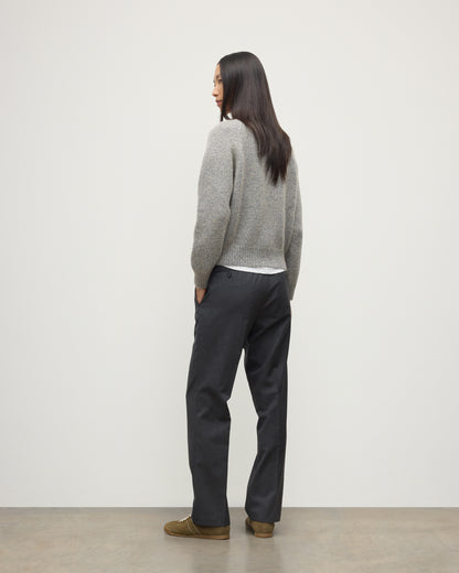 MODEL WEARS JOHNSTONS OF ELGIN WOMENS BAY CREW SWEATER BLUE 78% CASHMERE 22% COTTON WITH JEANS  KBB01068HD4499