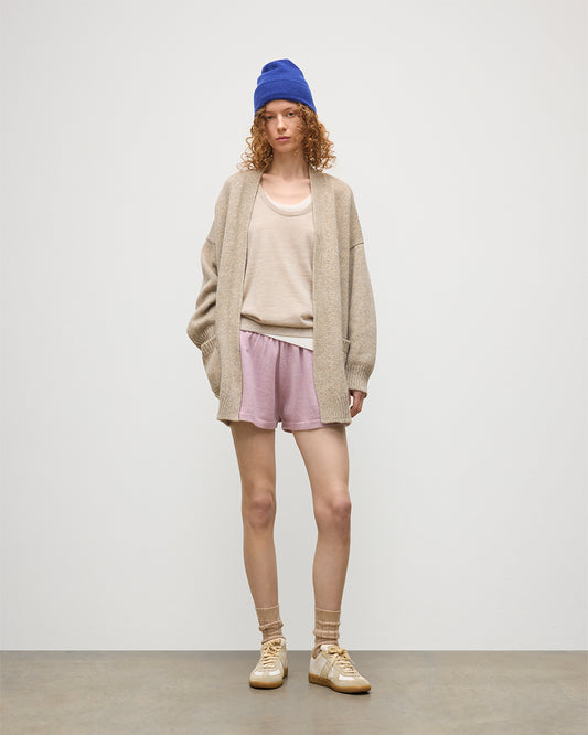 JOHNSTONS OF ELGIN WOMENS BAY SLOUCH CARDIGAN NATURAL 78% CASHMERE 22% COTTON WITH COVE CSAHMERE SHORTS, GREER MERINO VEST, AND BRAEMAR CASHMERE BEANIE IN RONAY BLUE KBB01069HB4453