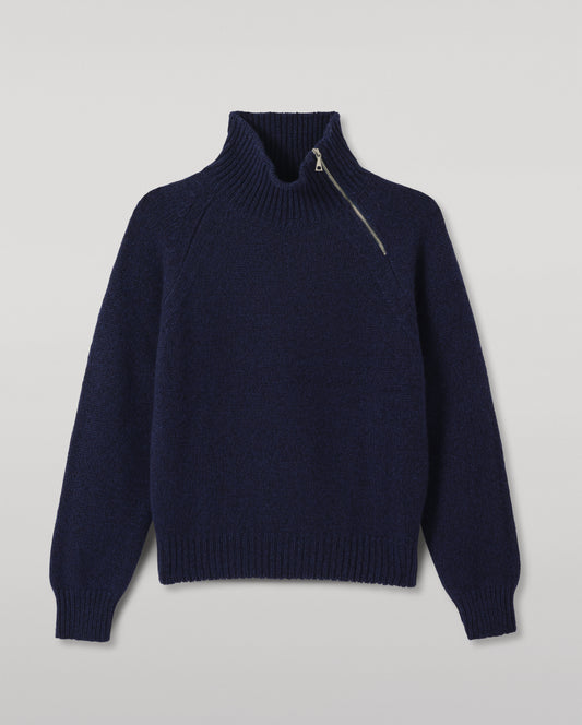 JOHNSTONS OF ELGIN MELLIS ZIP SHOULDER SWEATER MARBLED CASHMERE RAGLAN SHOULDER ZIP SWEATER DARK BLUE 78% CASHMERE, 22% COTTON KBB01094Q26351