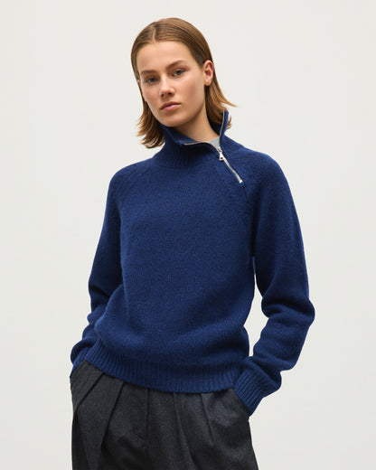 JOHNSTONS OF ELGIN MELLIS ZIP SHOULDER SWEATER MARBLED CASHMERE RAGLAN SHOULDER ZIP SWEATER DARK BLUE 78% CASHMERE, 22% COTTON KBB01094Q26351