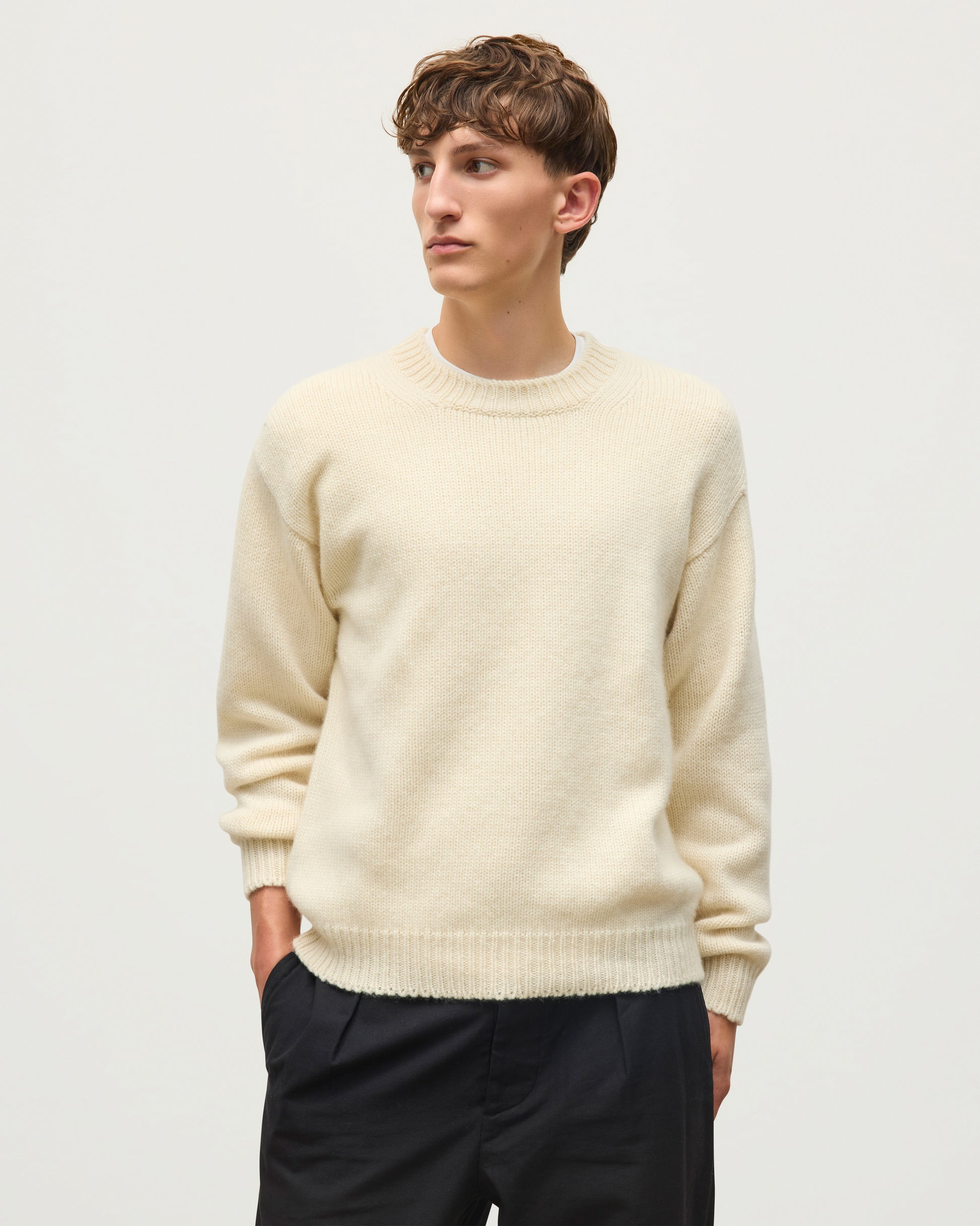 JOHNSTONS OF ELGIN DONACHIE CREW SWEATER MARBLED CASHMERE TEXTURED RIBBED CREW NECK SWEATER GREY 78% CASHMERE, 22% COTTON KBB01109HA4273