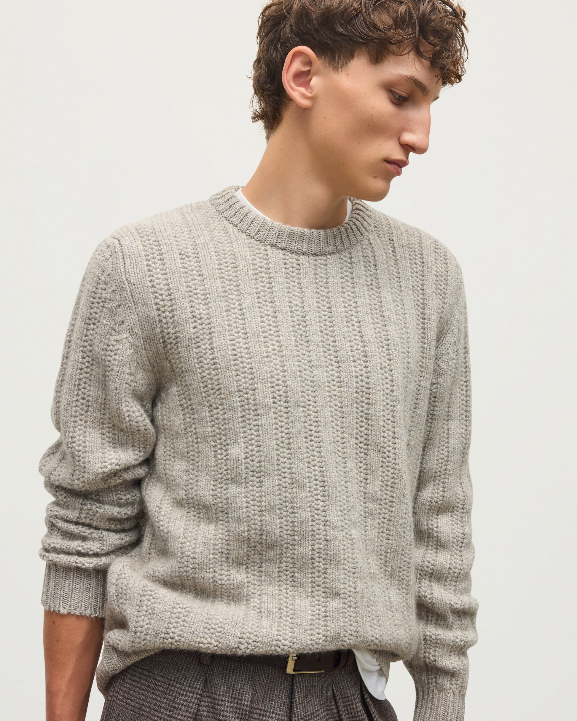 JOHNSTONS OF ELGIN DONACHIE CREW SWEATER MARBLED CASHMERE TEXTURED RIBBED CREW NECK SWEATER GREY 78% CASHMERE, 22% COTTON KBB01109HA4273