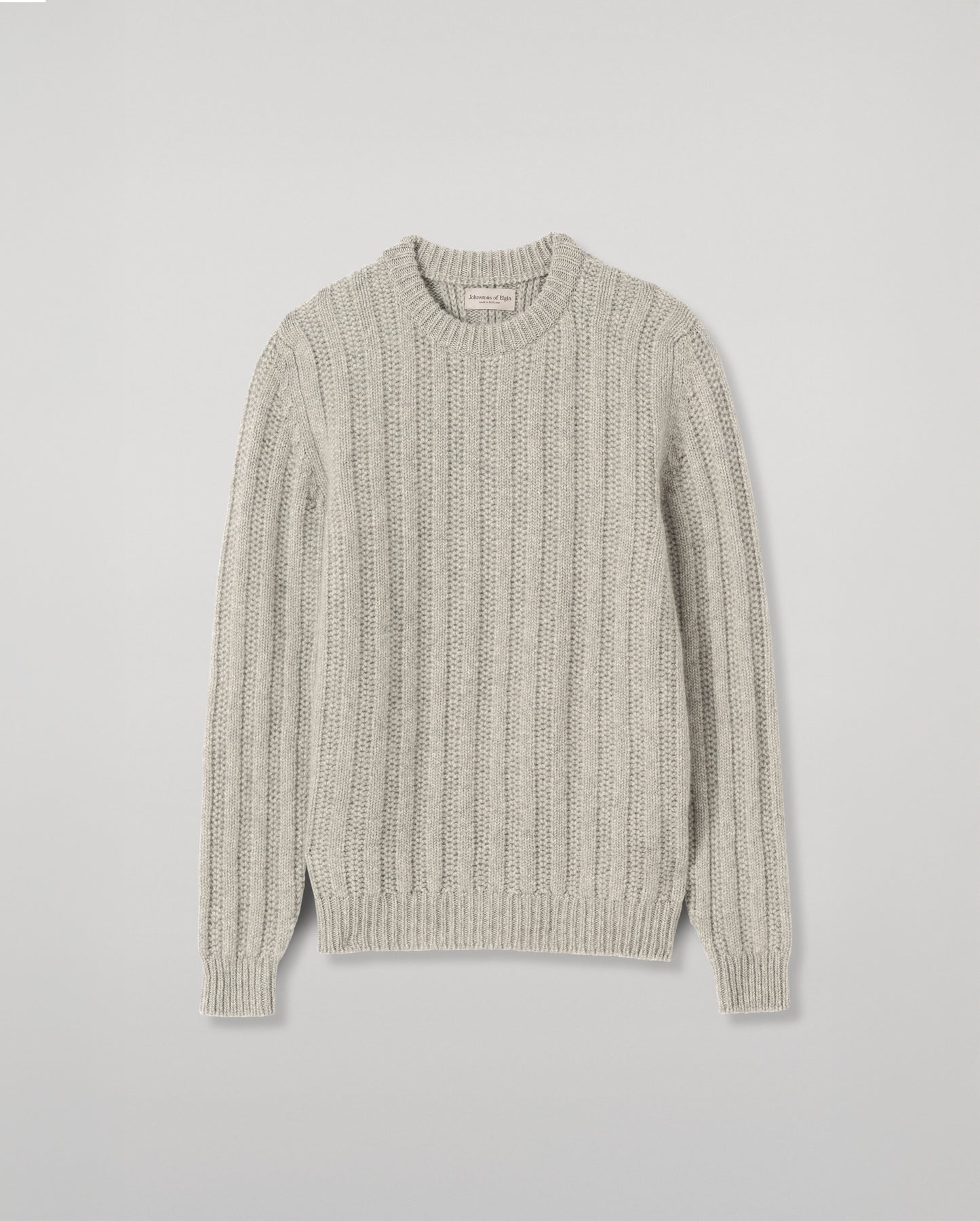 JOHNSTONS OF ELGIN DONACHIE CREW SWEATER MARBLED CASHMERE TEXTURED RIBBED CREW NECK SWEATER GREY 78% CASHMERE, 22% COTTON KBB01109HA4273