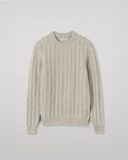 JOHNSTONS OF ELGIN DONACHIE CREW SWEATER MARBLED CASHMERE TEXTURED RIBBED CREW NECK SWEATER GREY 78% CASHMERE, 22% COTTON KBB01109HA4273