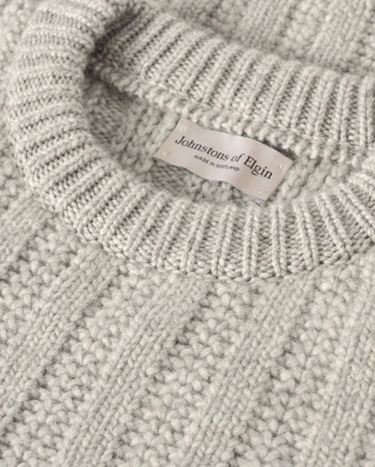JOHNSTONS OF ELGIN DONACHIE CREW SWEATER MARBLED CASHMERE TEXTURED RIBBED CREW NECK SWEATER GREY 78% CASHMERE, 22% COTTON KBB01109HA4273