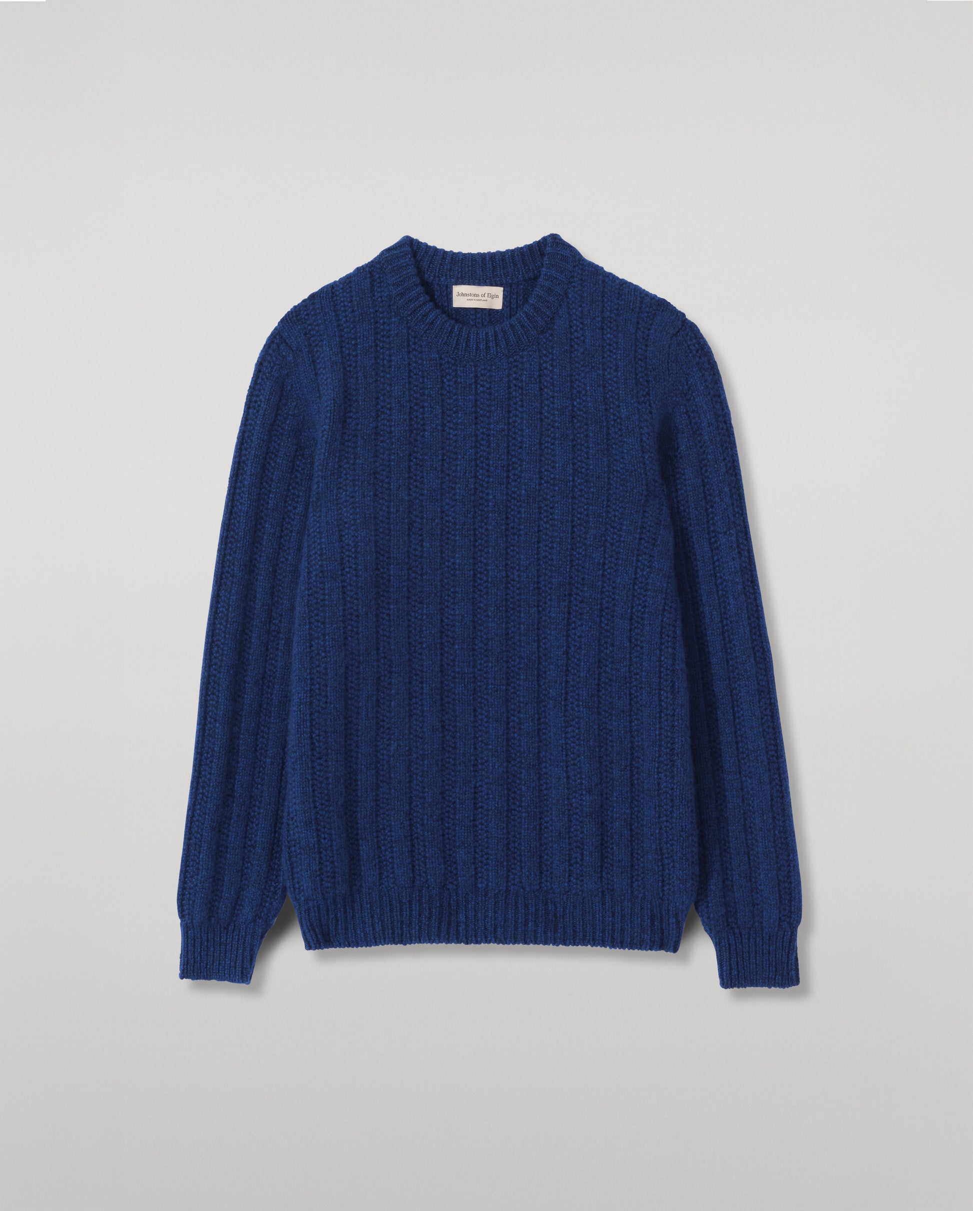 JOHNSTONS OF ELGIN DONACHIE CREW SWEATER MARBLED CASHMERE TEXTURED RIBBED CREW NECK SWEATER DARK BLUE 78% CASHMERE, 22% COTTON KBB01109HD7361