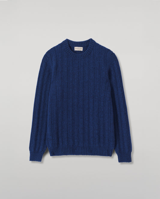 JOHNSTONS OF ELGIN DONACHIE CREW SWEATER MARBLED CASHMERE TEXTURED RIBBED CREW NECK SWEATER DARK BLUE 78% CASHMERE, 22% COTTON KBB01109HD7361