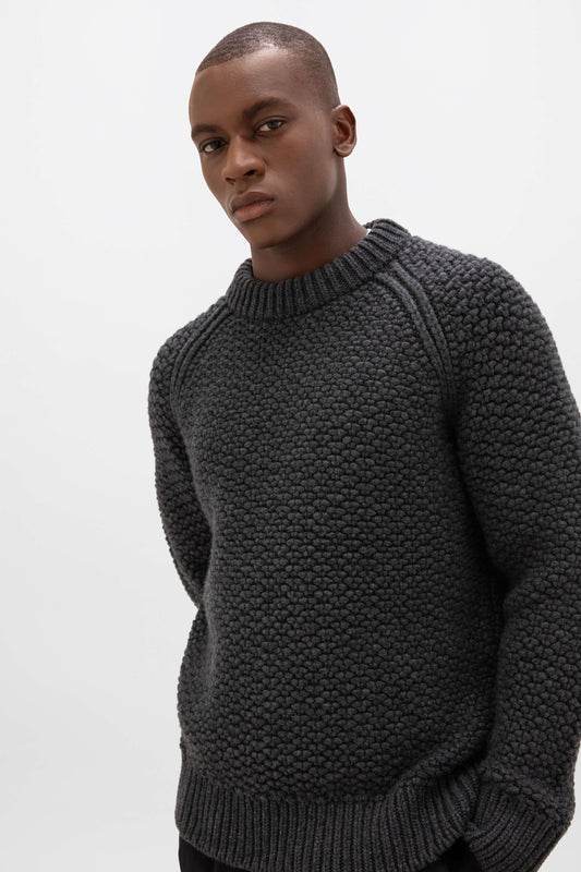 Johnstons of Elgin AW24 Unisex Knitwear Charcoal Unisex Tweed Textured Crew Neck KBB05311Q24474