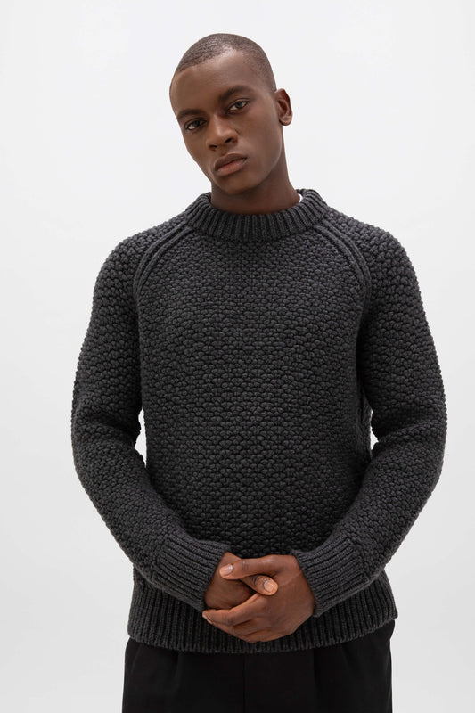 Johnstons of Elgin AW24 Unisex Knitwear Charcoal Unisex Tweed Textured Crew Neck KBB05311Q24474