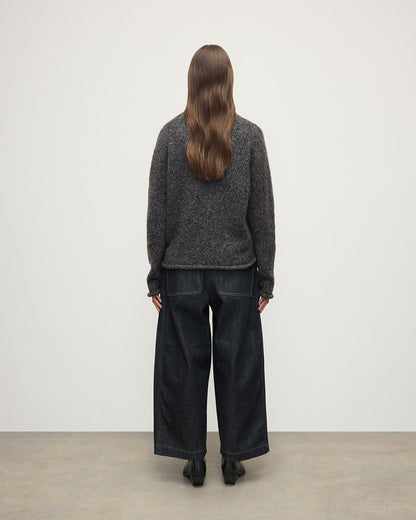 Model wears Johnstons of Elgin AW25 Women's Knitwear Charcoal Brushed Cashmere-Silk Grey Jumper back View KBC01031HA7198