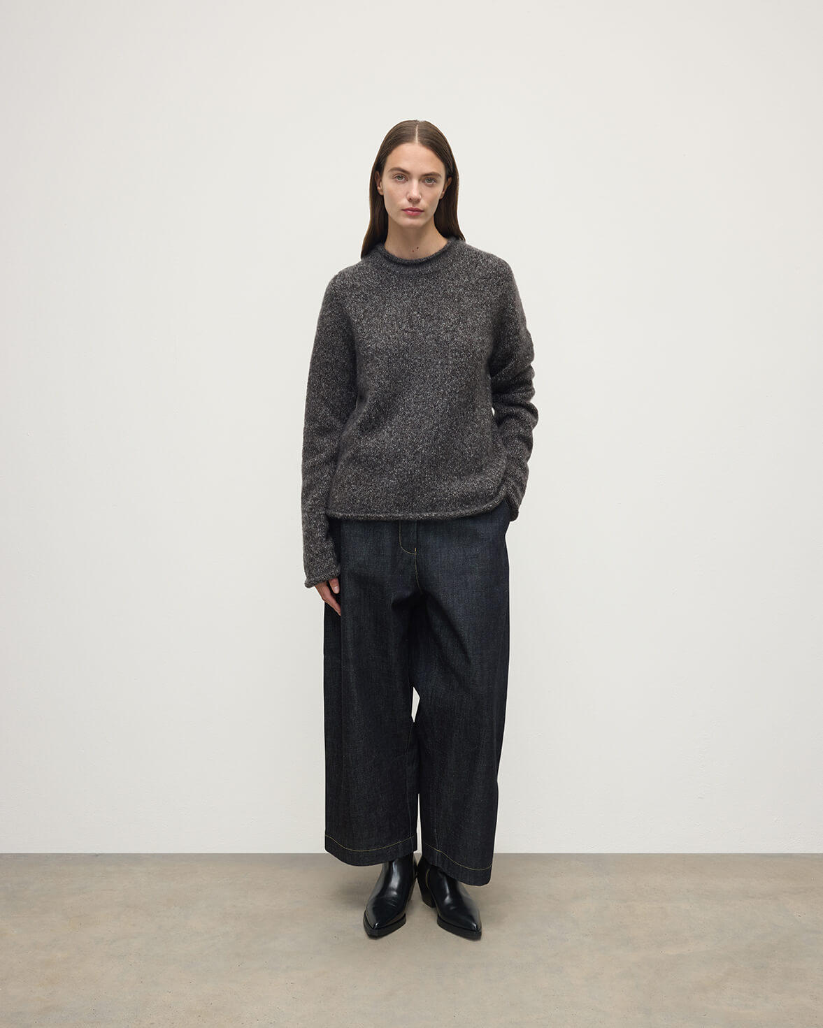 Model wears Johnstons of Elgin AW25 Women's Knitwear Charcoal Brushed Cashmere-Silk Grey Jumper Front View KBC01031HA7198