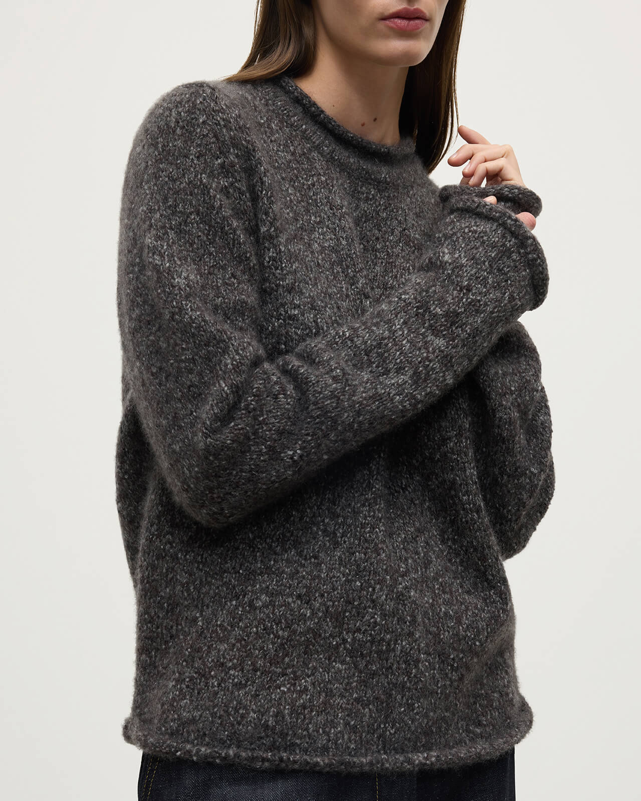 Model wears Johnstons of Elgin AW25 Women's Knitwear Charcoal Brushed Cashmere-Silk Grey Jumper Close up KBC01031HA7198