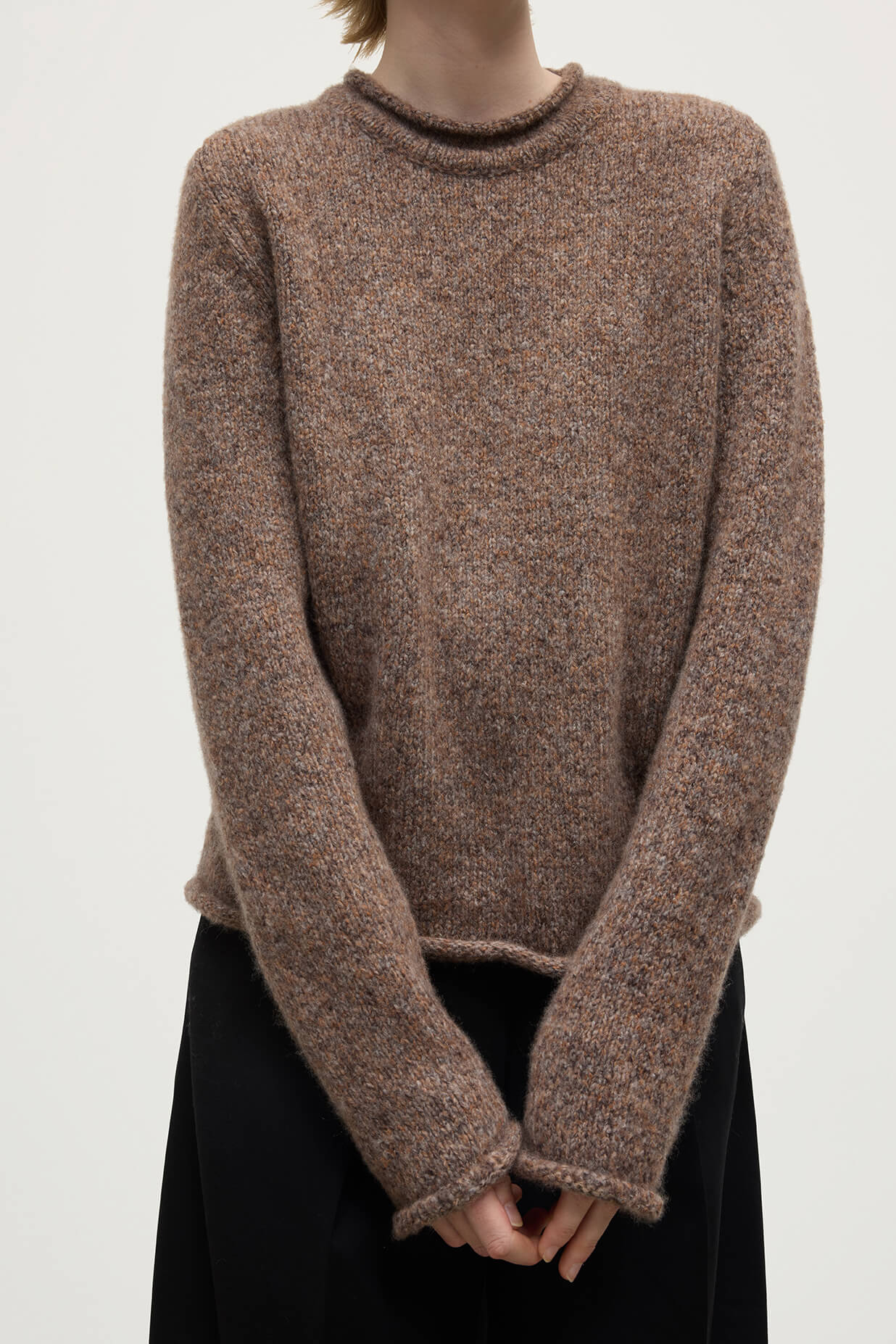 model wears Johnstons of Elgin AW25 Women's Knitwear Molasses Mix Brushed Cashmere-Silk Brown Jumper Close up KBC01031HB4415