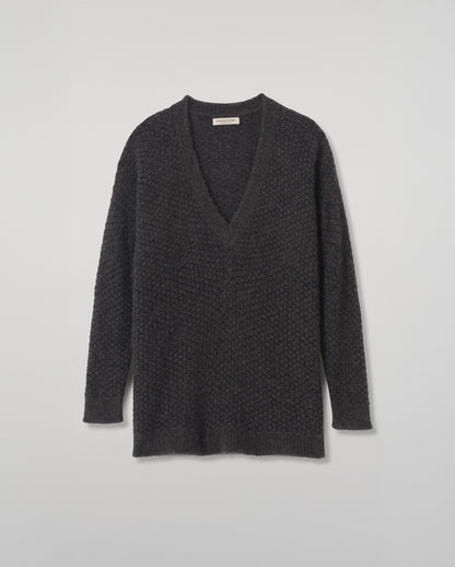 JOHNSTONS OF ELGIN EVA VEE SWEATER BRUSHED CASHMERE SILK TWEED TEXTURED VEE SLOUCH SWEATER BLACK 57% CASHMERE, 20% SILK, 23% WOOL KBC01088Q26356