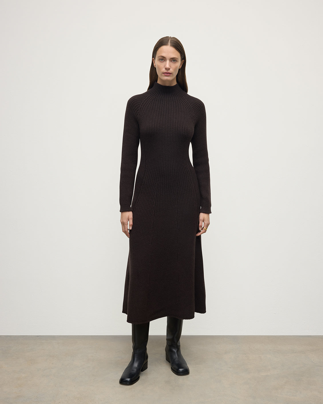 Model wears Johnstons of Elgin Women's Cashmere Dark brown Dress KBI01033SB7290